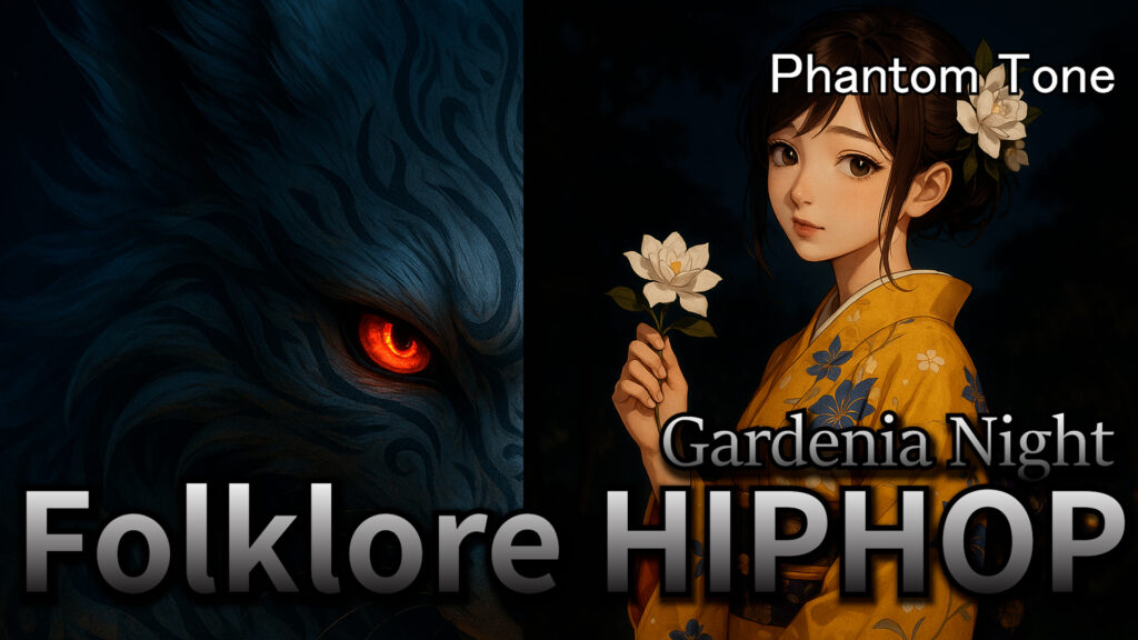 Japanese Folklore Hip-Hop, folklore hiphop visual, anime girl, yokai hip-hop artwork, Phantom Tone Gardenia Night, japanese hiphop art