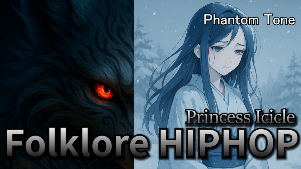 Japanese Folklore Hip-Hop, folklore hiphop artwork, anime girl, yokai visual, Phantom Tone Princess Icicle cover