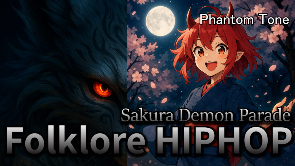 Japanese Folklore Hip-Hop, folklore hiphop artwork, anime girl, yokai visual, Phantom Tone Sakura Demon Parade cover