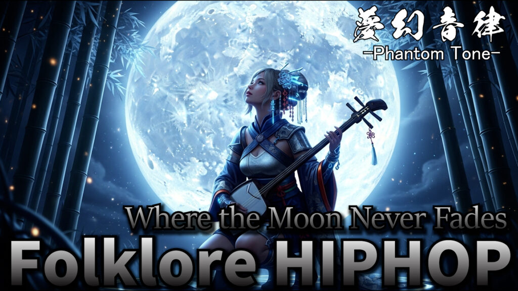 Japanese Folklore Hip-Hop, folklore hiphop artwork, anime girl, yokai visual, Phantom Tone Where the Moon Never Fades cover