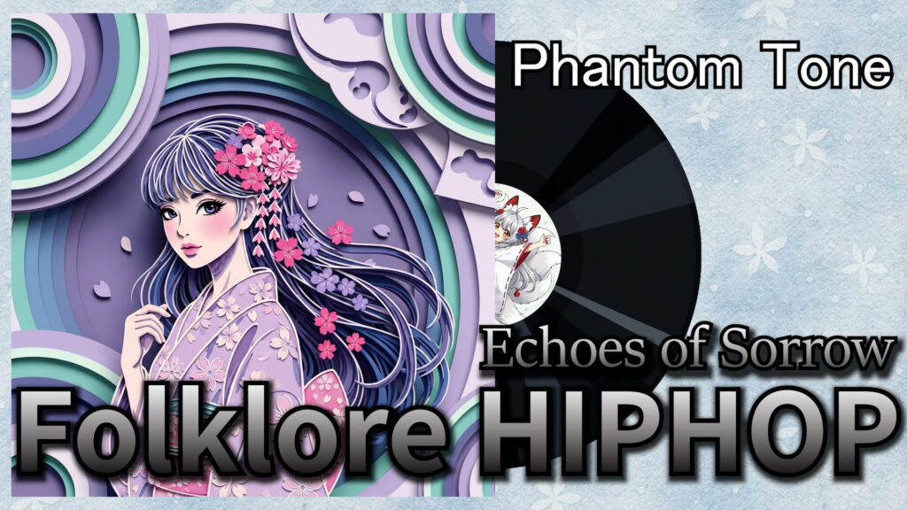 Japanese Folklore Hip-Hop, folklore hiphop artwork, anime girl, yokai visual, Phantom Tone Echoes of Sorrow cover