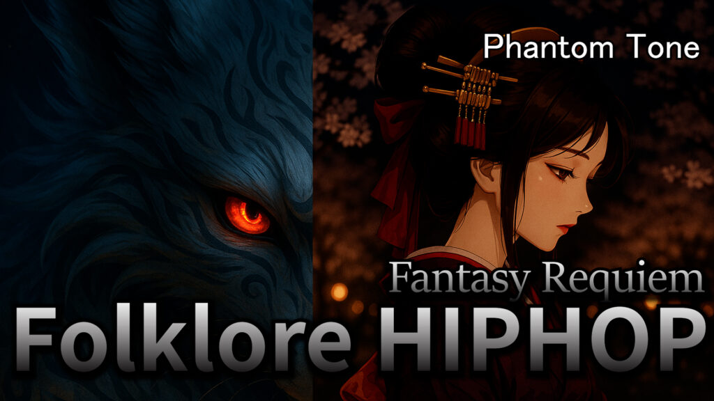 Japanese Folklore Hip-Hop, folklore hiphop artwork, anime girl, yokai visual, Phantom Tone Fantasy Requiem cover