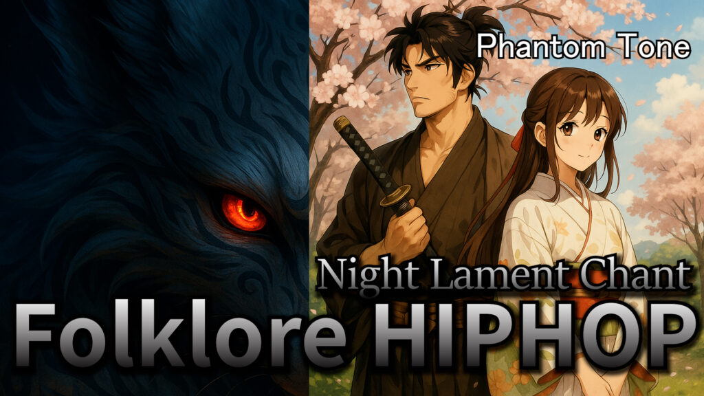 Japanese Folklore Hip-Hop, folklore hiphop artwork, anime girl, yokai visual, Phantom Tone Night Lament Chant cover