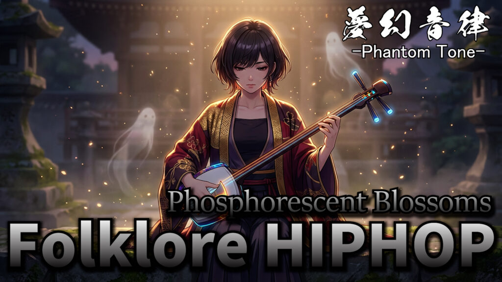 Japanese Folklore Hip-Hop, folklore hiphop artwork, anime girl yokai visual, Phantom Tone Phosphorescent Blossoms cover