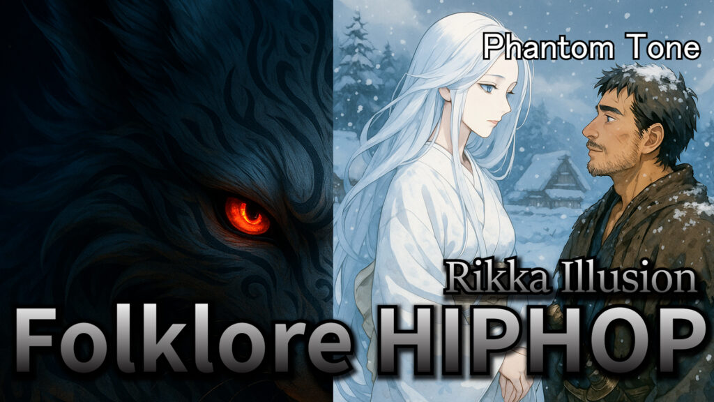 Japanese Folklore Hip-Hop, folklore hiphop artwork, anime girl, yokai visual, Phantom Tone Rikka Illusion cover